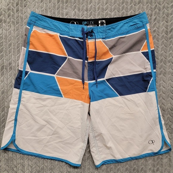 OP OPFlex Board Shorts Mens Size 34 White Blue Trim Ocean Pacific Geometric - Picture 1 of 9